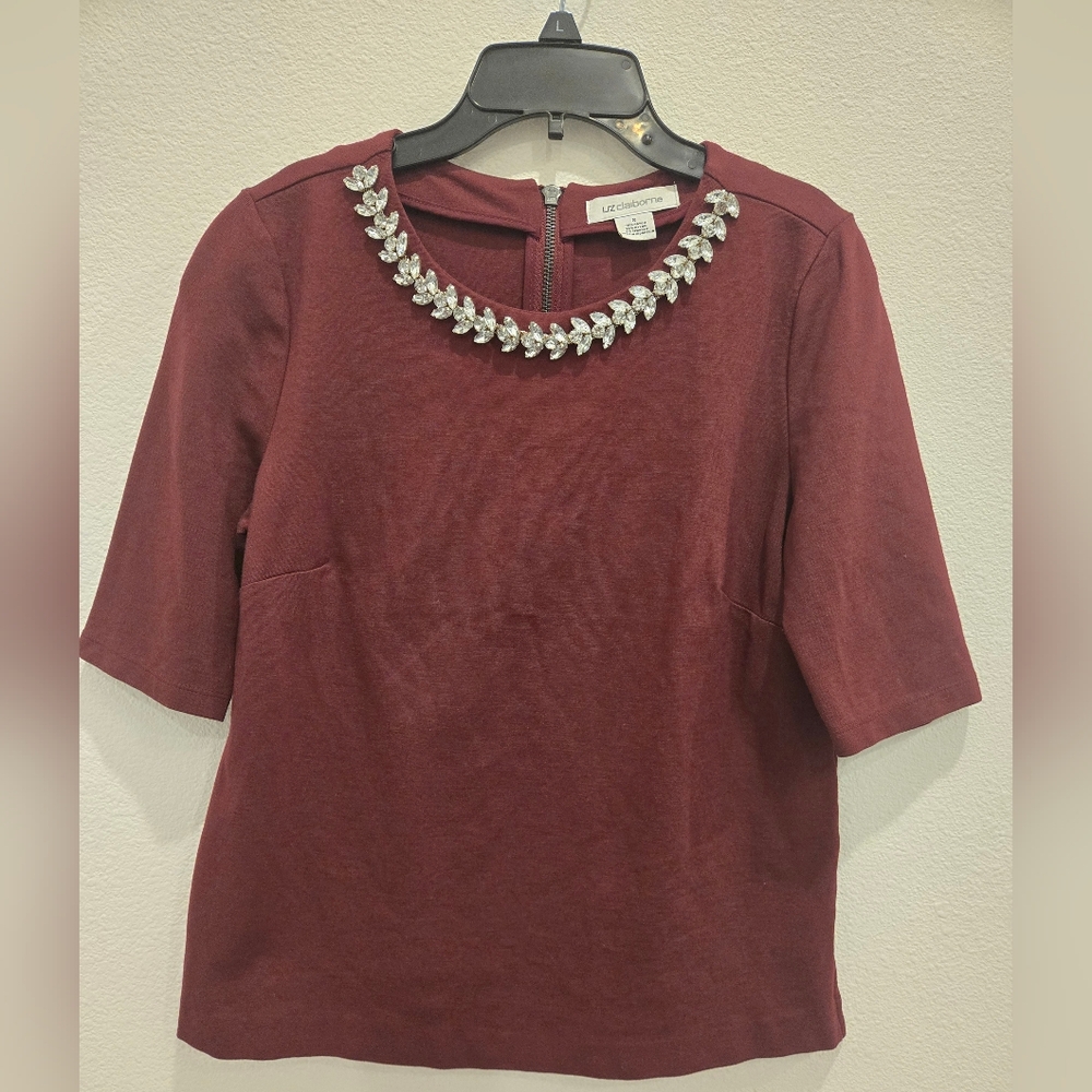 Liz Claiborne Burgundy Blouse with Embellished Neckline and 3/4 Sleeves